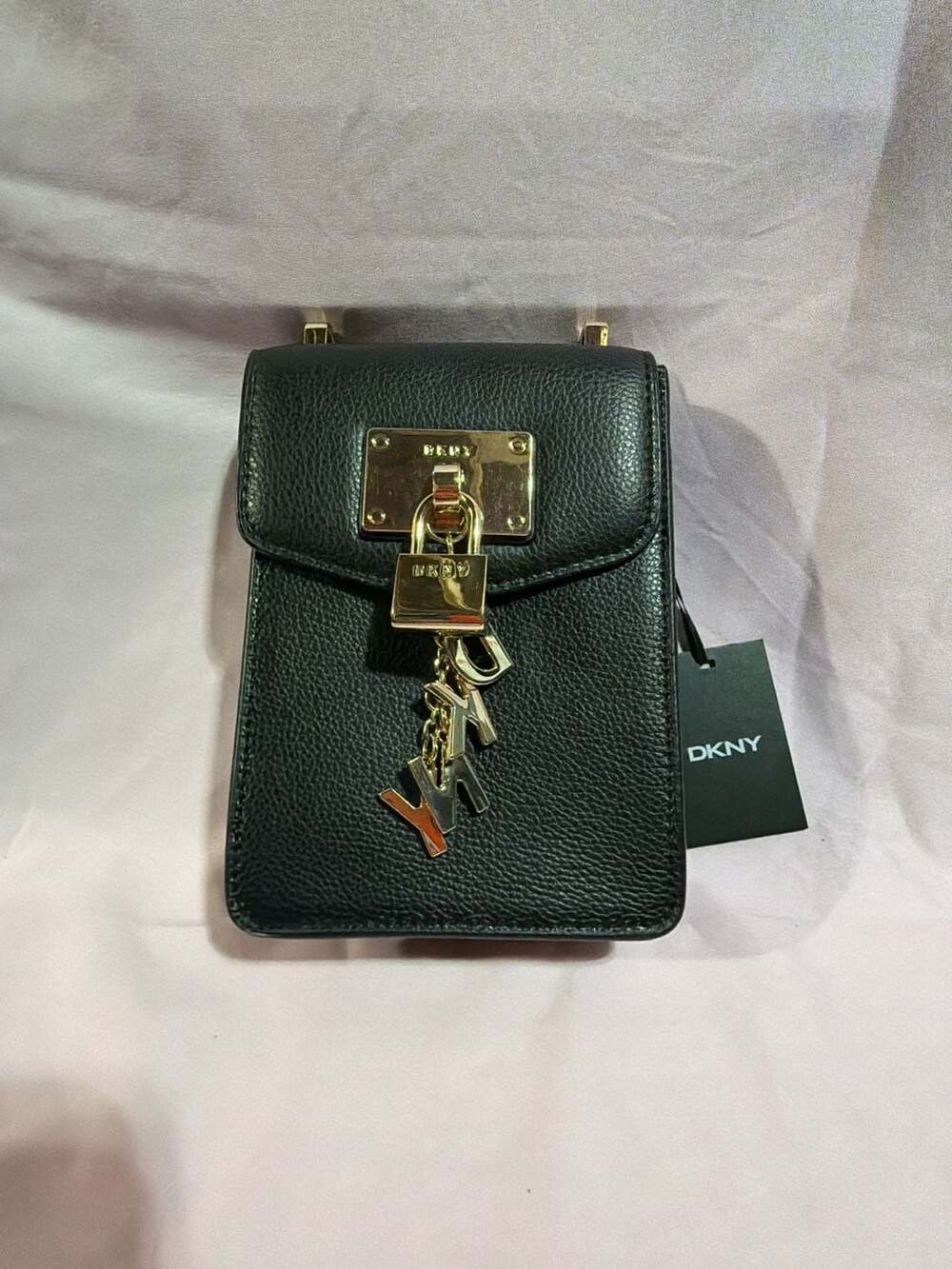 DKNY Elissa North South Phone Crossbody Black Gold Lock Charm New without strap!